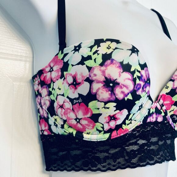 Victorias Secret PINK Floral Bustier Bra 34C Black‎ - Picture 3 of 10